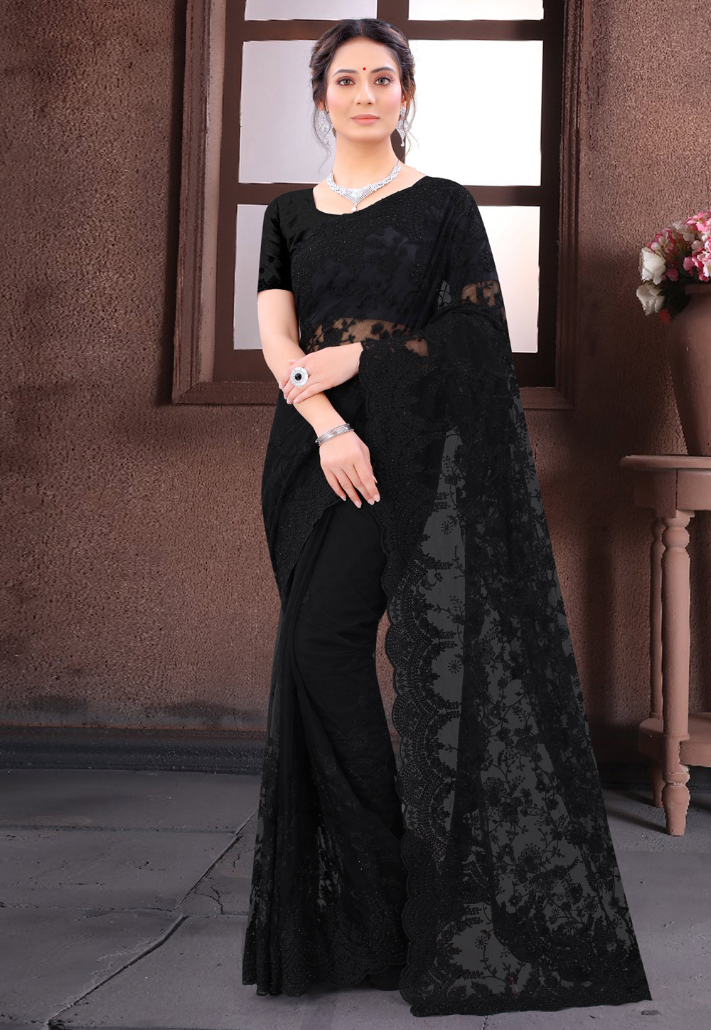Black Net Saree With Blouse 232872