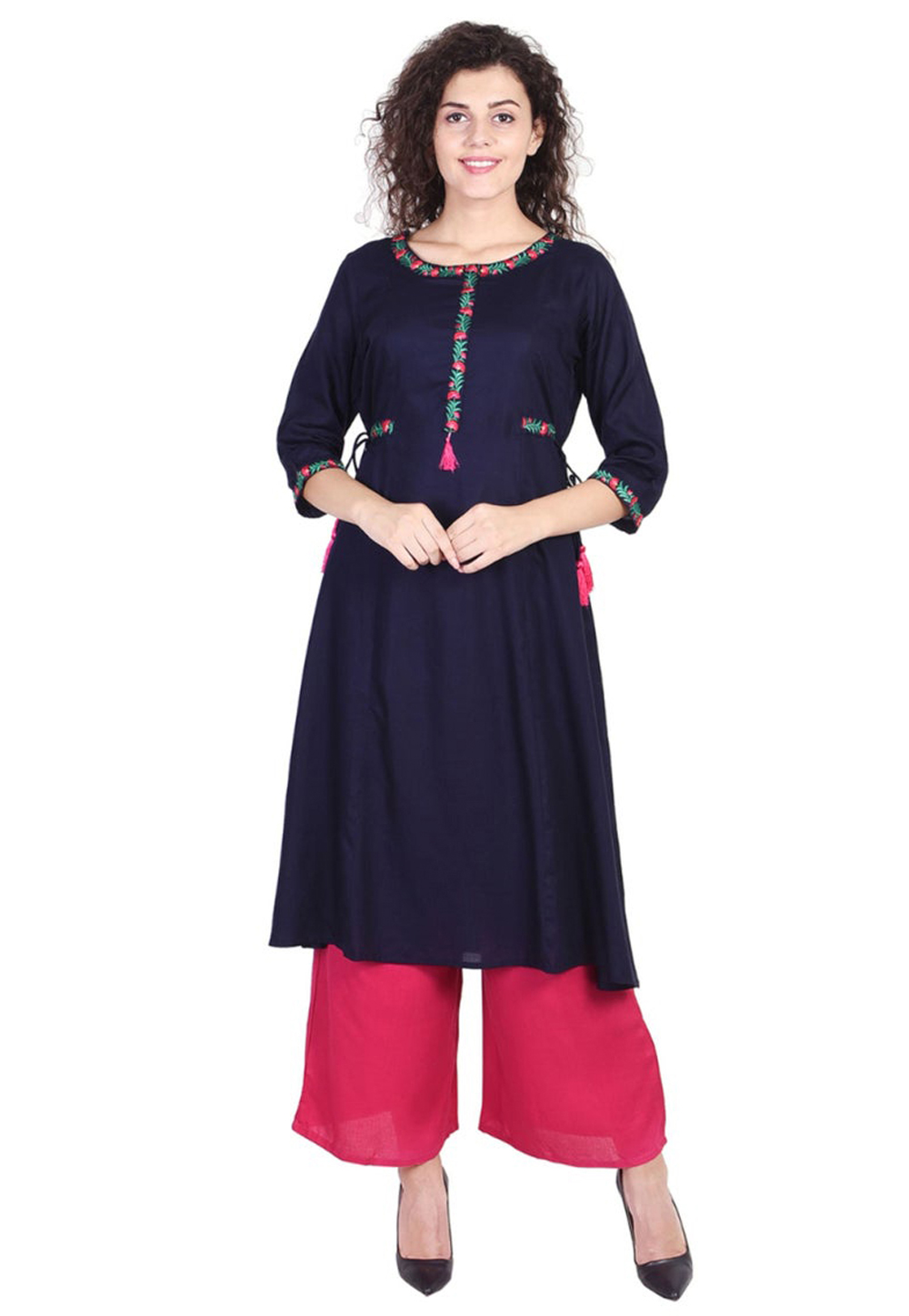 Navy Blue Rayon Readymade Kurta Set With Palazzo 213413