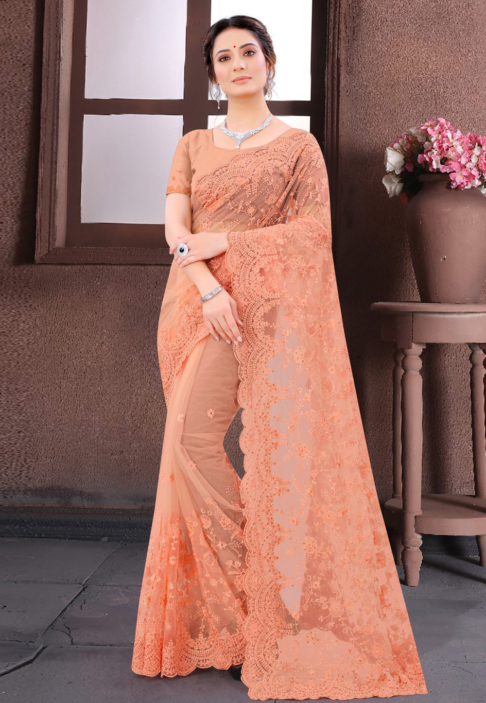Peach Net Festival Wear Saree 232877