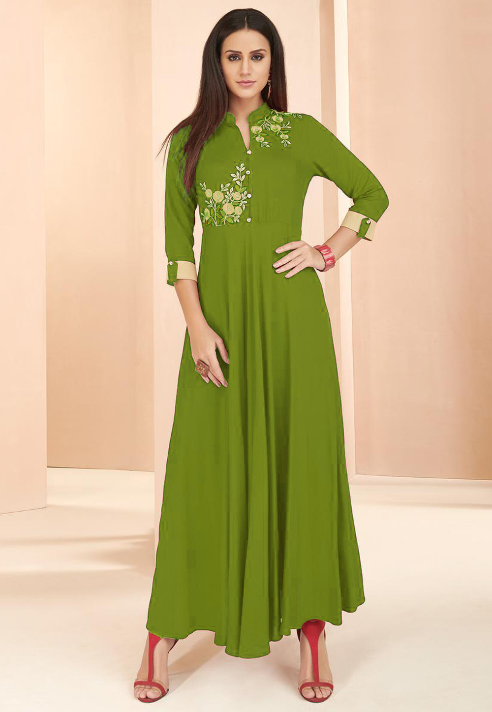 Green Rayon Readymade Kurti 214383