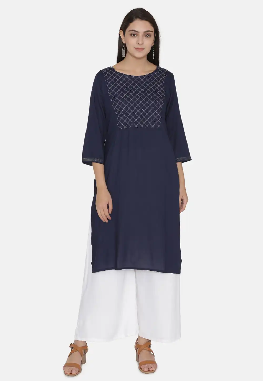 Navy Blue Rayon Readymade Kurta Set With Palazzo 213415