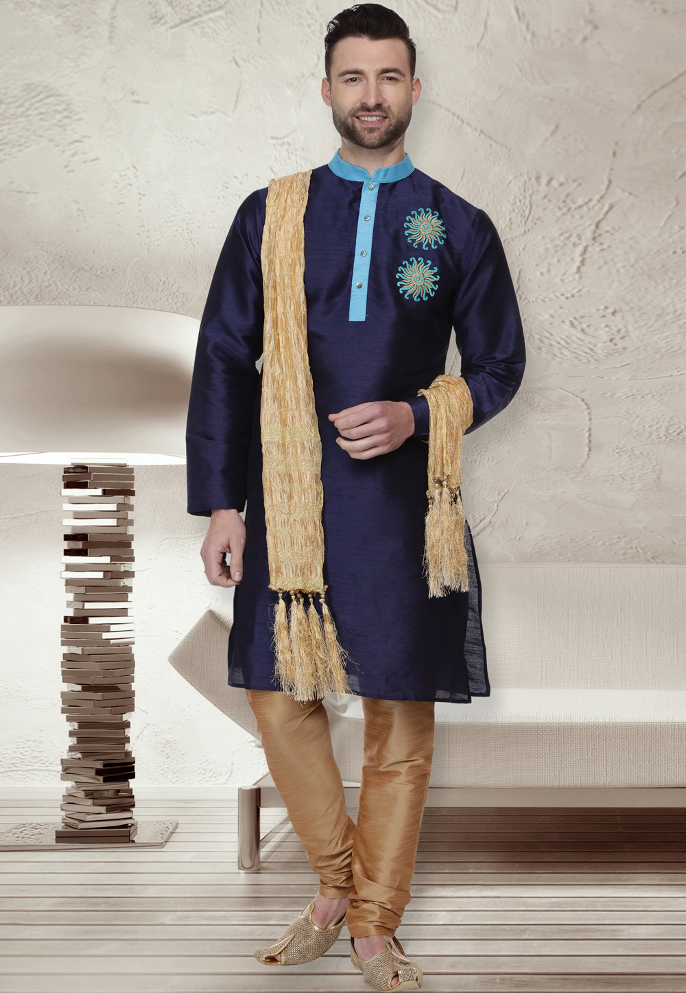 Navy Blue Dupion Silk Readymade Kurta Pajama 160959