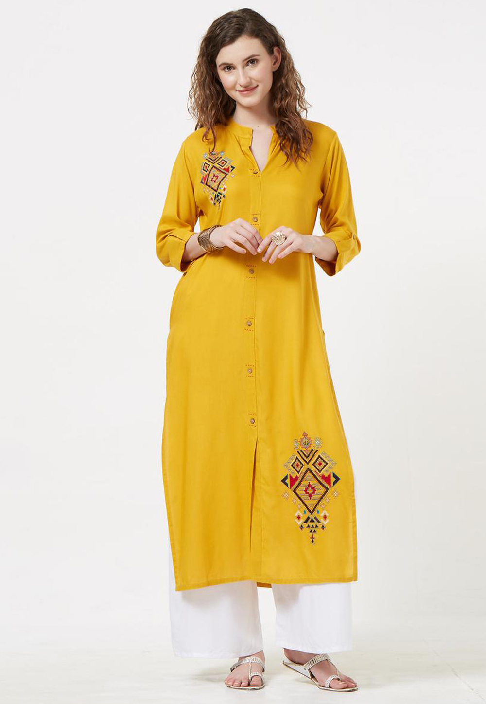 Mustard Rayon Readymade Kurta Set With Palazzo 213416