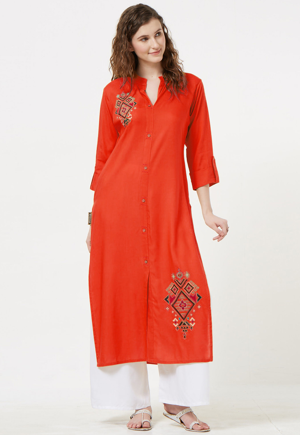 Orange Rayon Readymade Tunic 214390