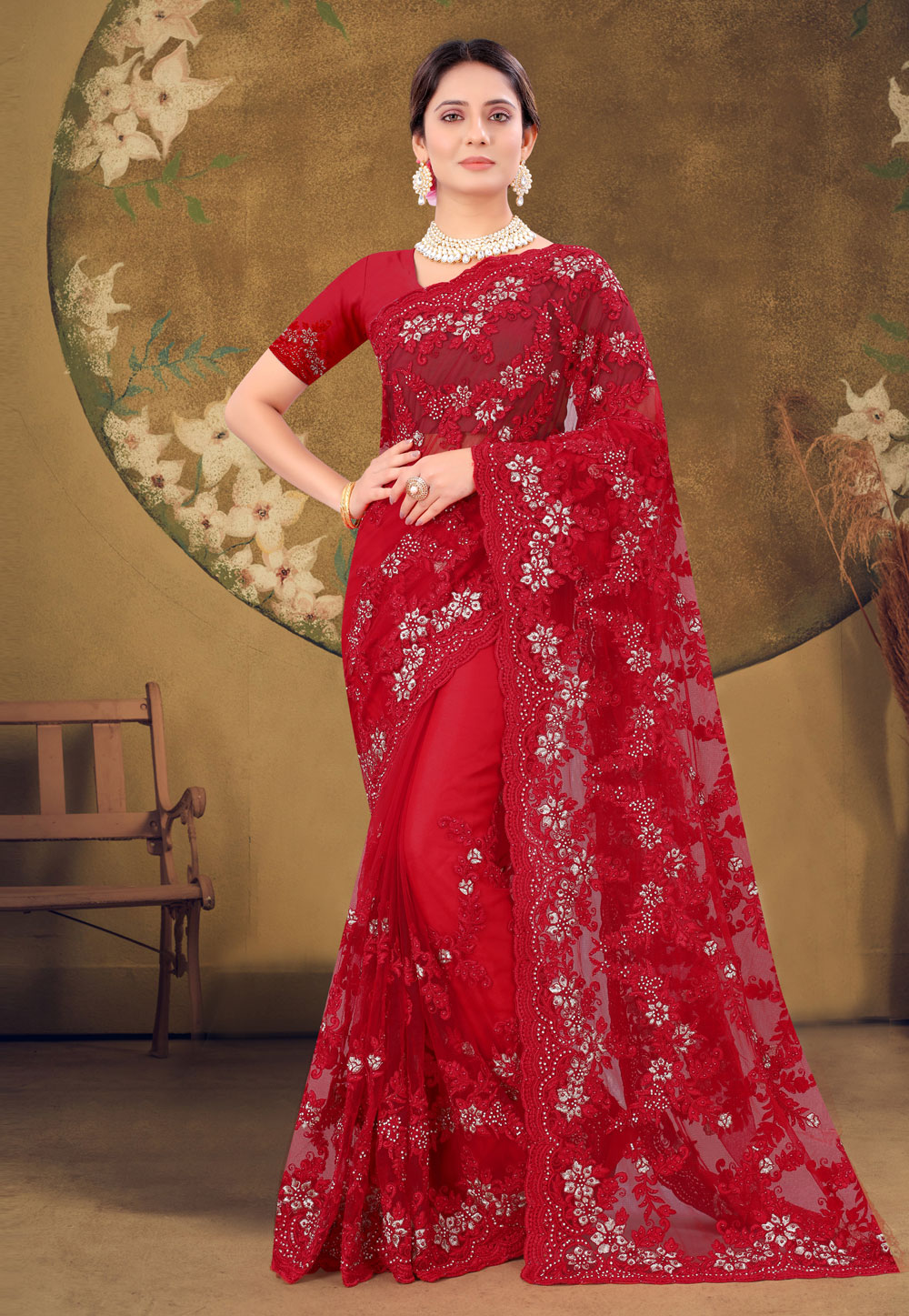 Red Net Festival Wear Saree 233492