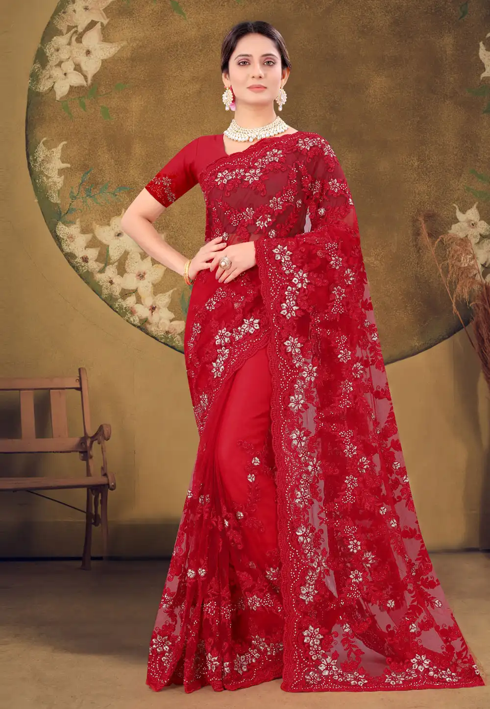 Red Net Festival Wear Saree 233492