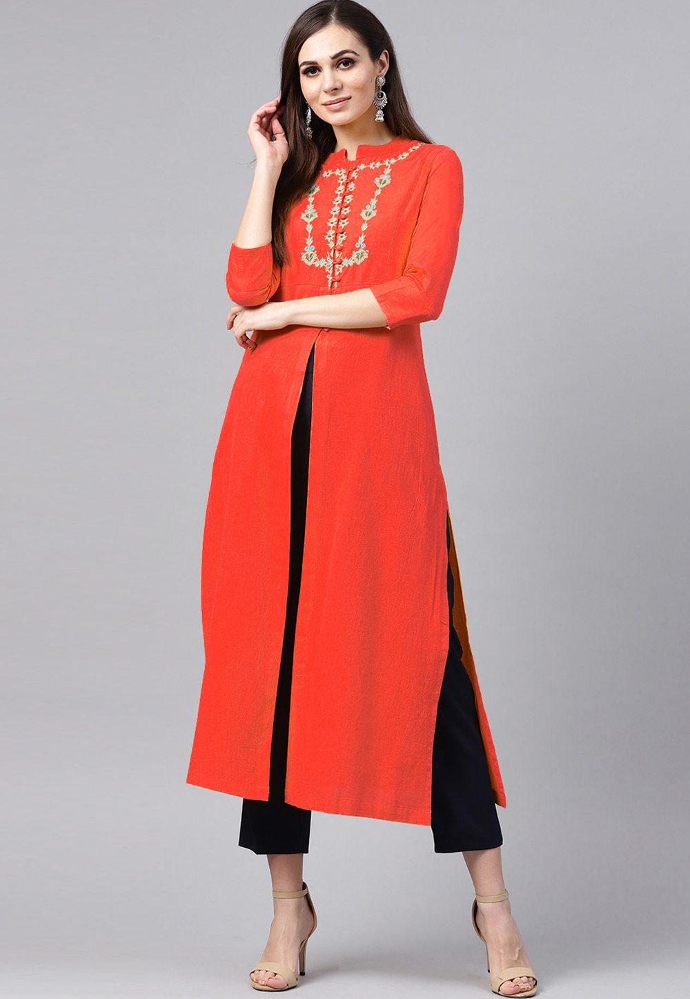Orange Rayon Readymade Kurti 214407