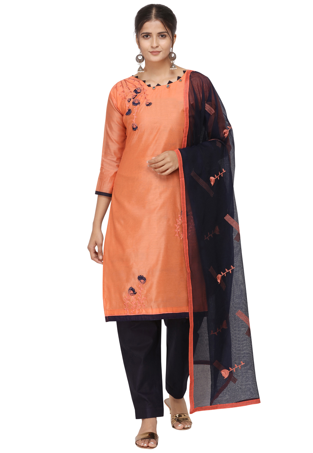 Peach Chanderi Cotton Pant Style Suit 206059