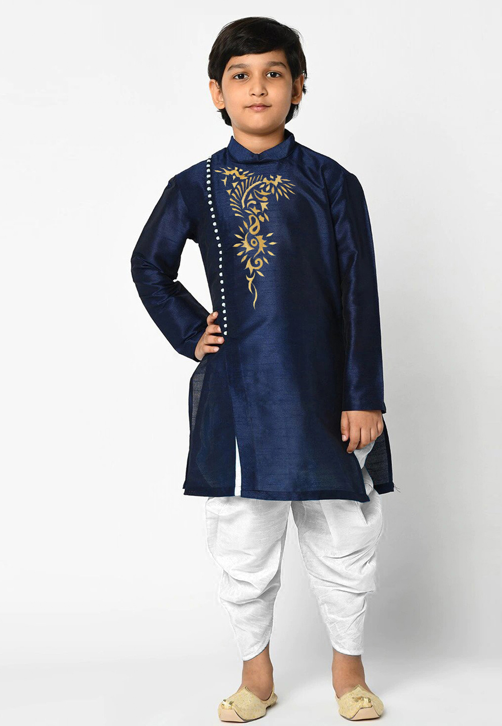 Navy Blue Dupion Silk Kids Dhoti Kurta 235397