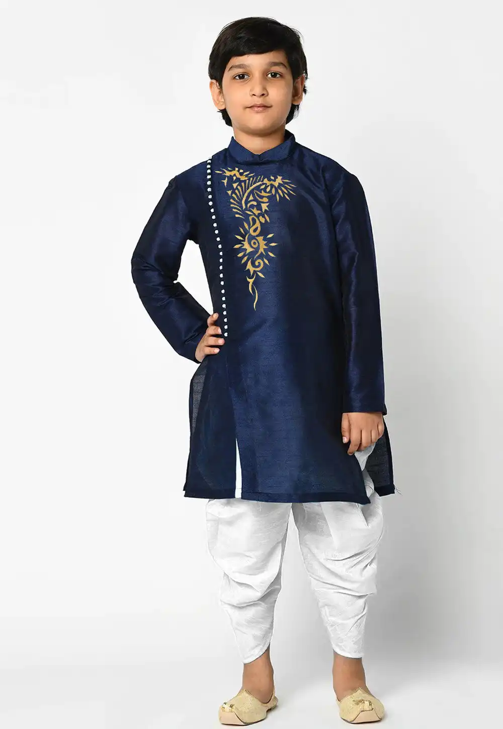 Navy Blue Dupion Silk Kids Dhoti Kurta 235397