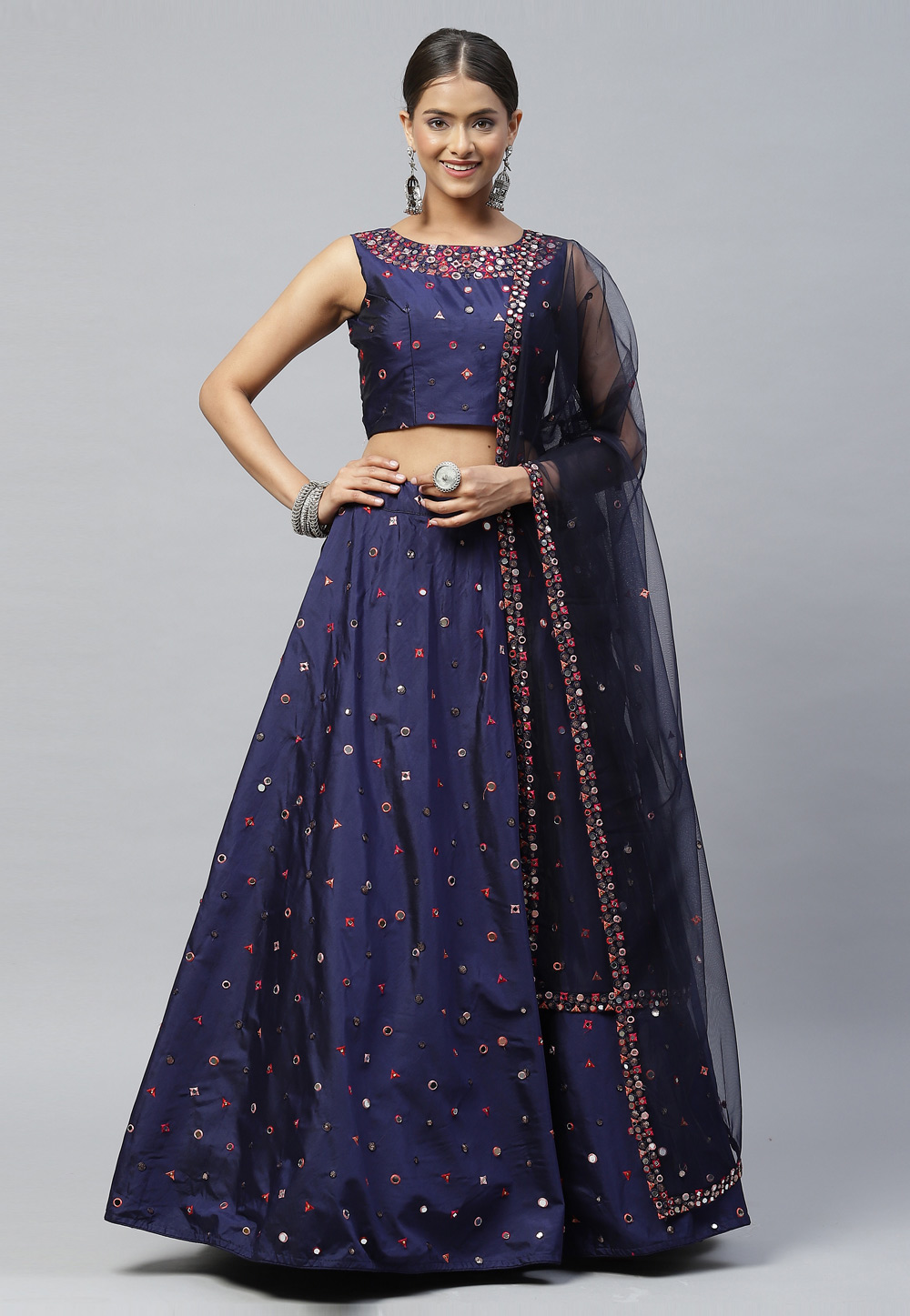 Navy Blue Art Silk Circular Lehenga Choli 243277