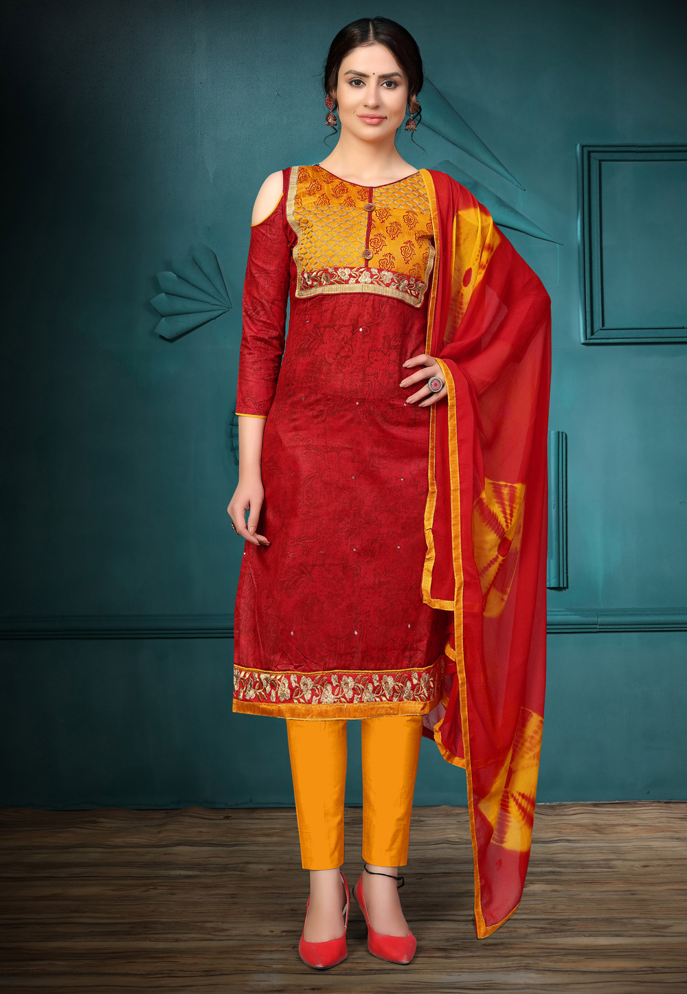 Red Cotton Pant Style Suit 222687