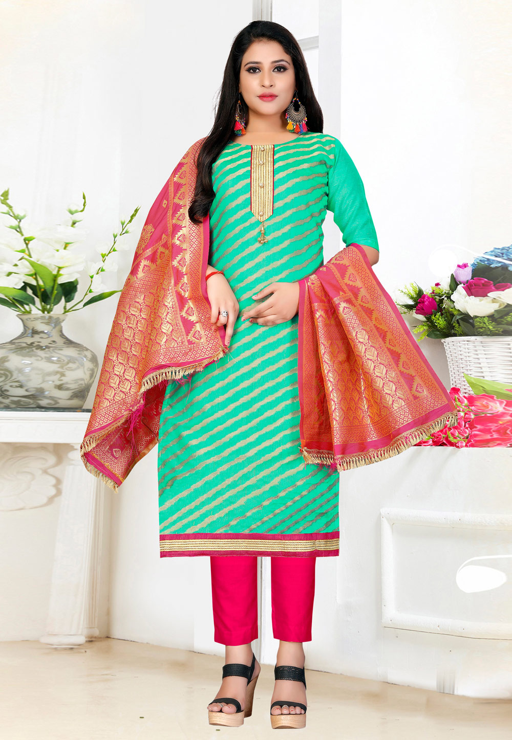 Green Art Silk Pant Style Suit 222976