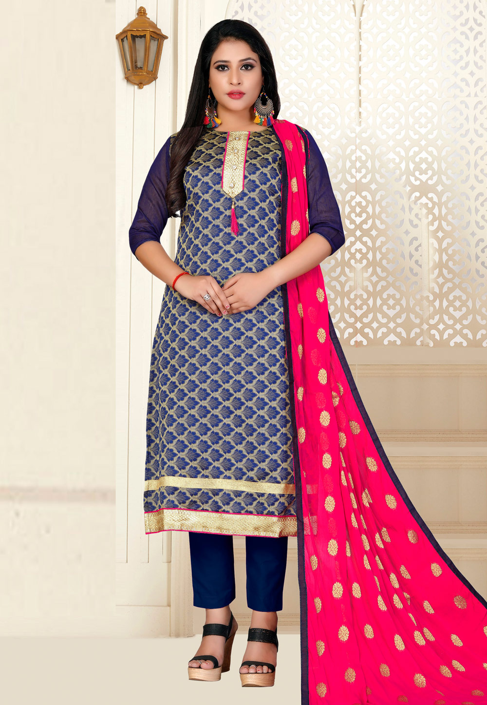 Navy Blue Banarasi Jacquard Kameez With Pant 222966