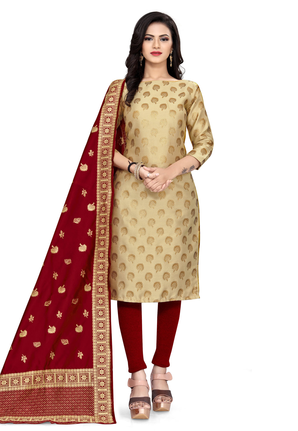 Beige Banarasi Jacquard Churidar Salwar Kameez 224563
