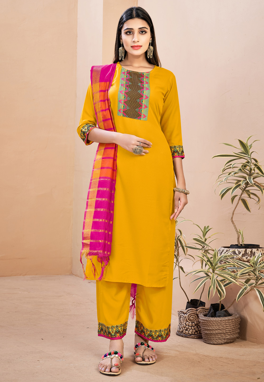 Mustard Rayon Readymade Palazzo Suit 237854