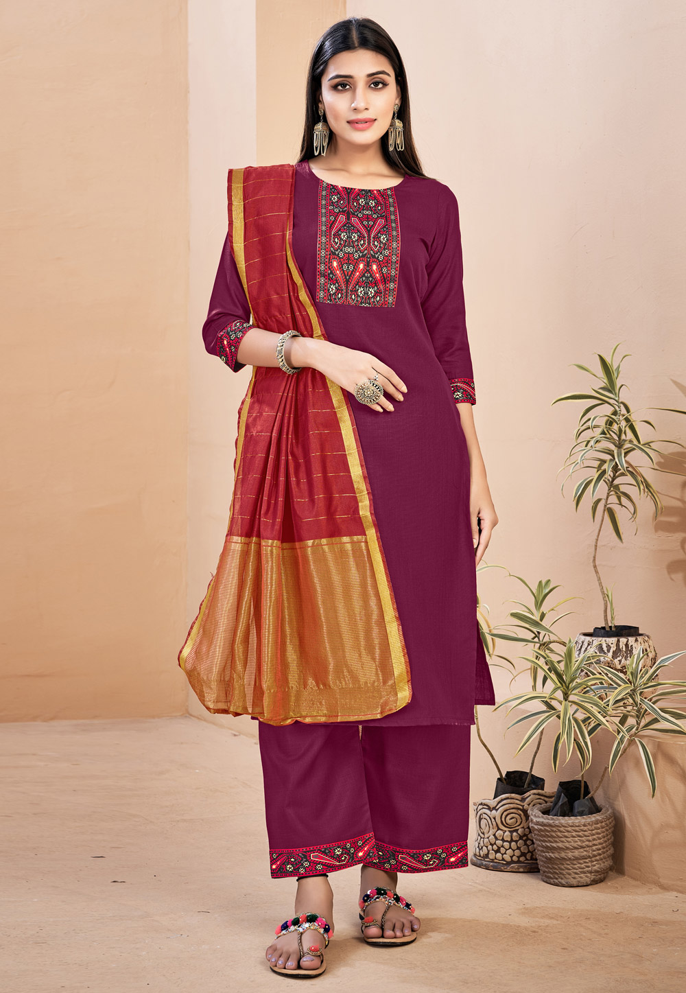 Purple Rayon Readymade Palazzo Suit 237860