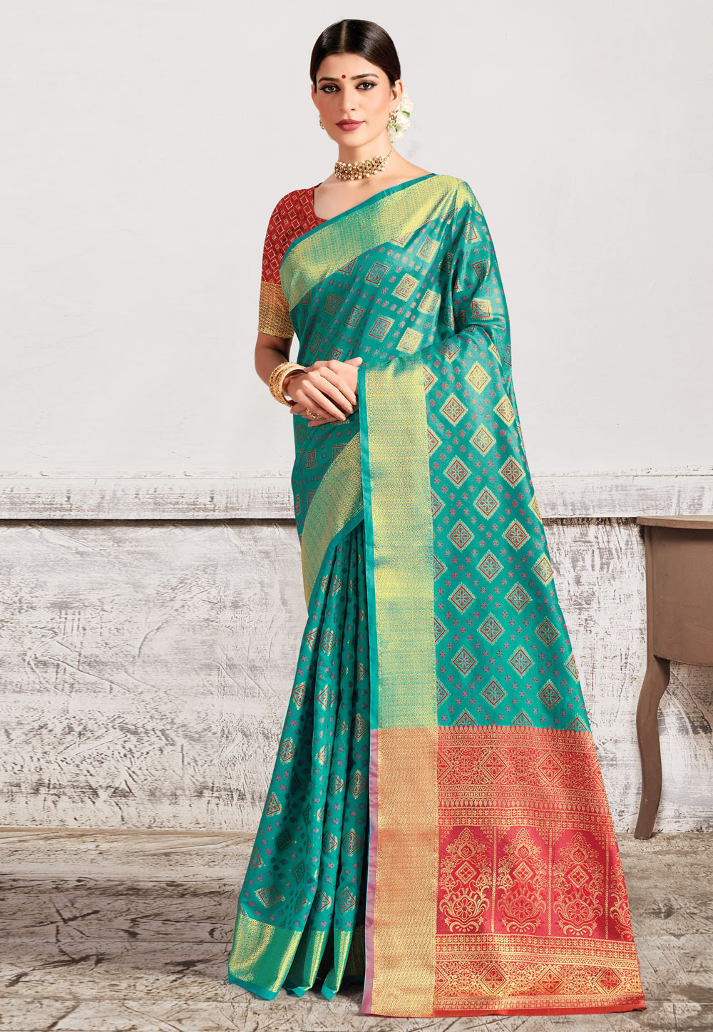 Sea Green Silk Saree With Blouse 240806