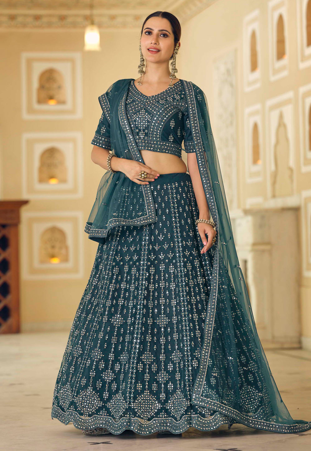 Teal Soft Net Circular Lehenga Choli 240843