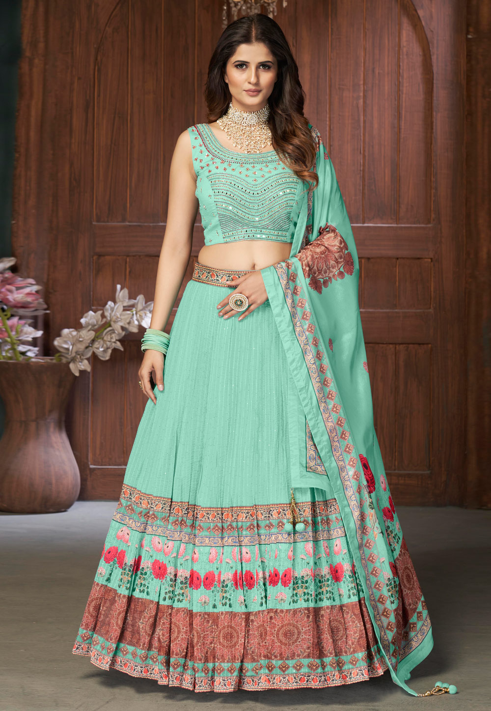 Sea Green Readymade Chinon Circular Lehenga Choli 242069