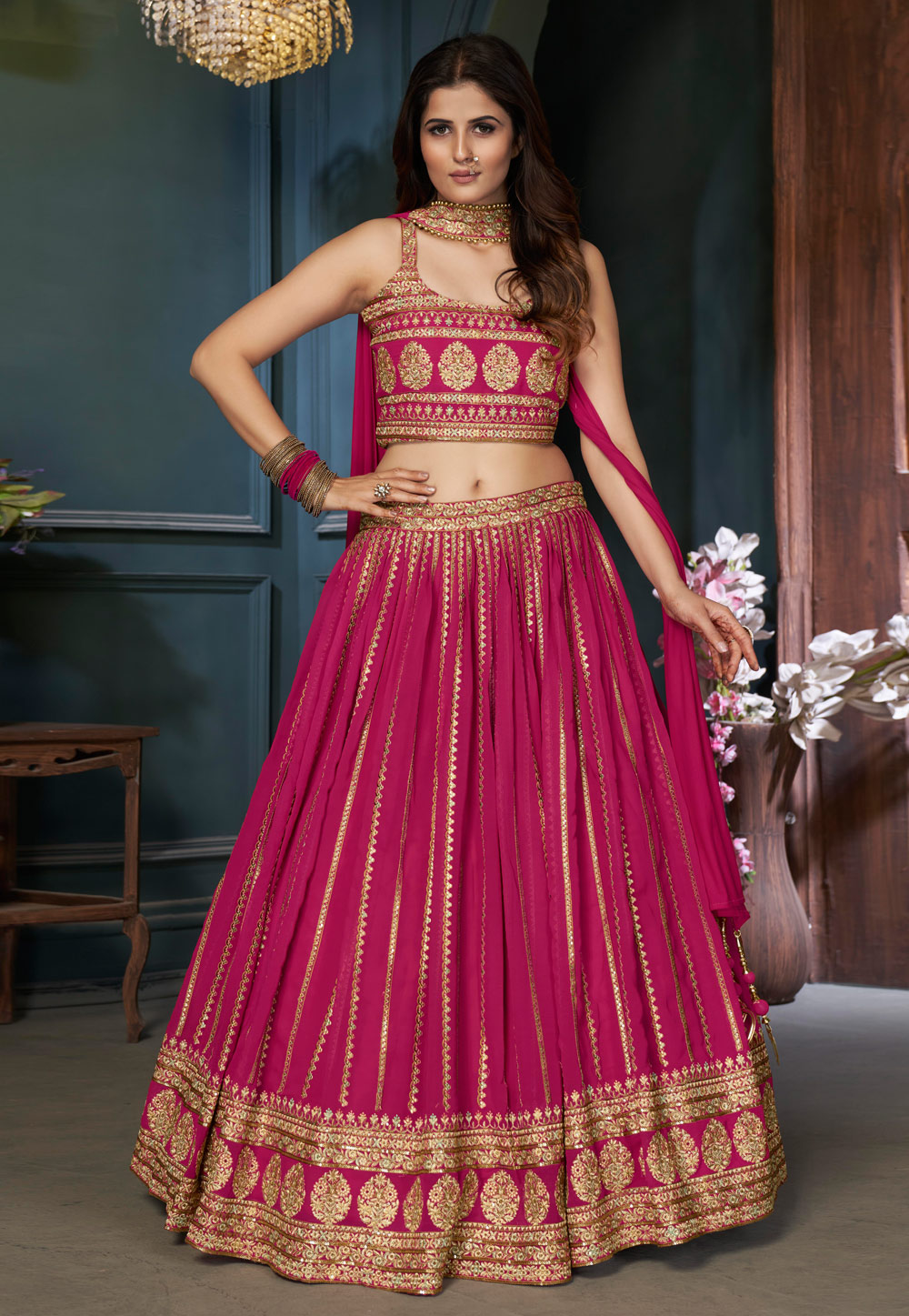 Magenta Readymade Georgette Circular Lehenga Choli 242074