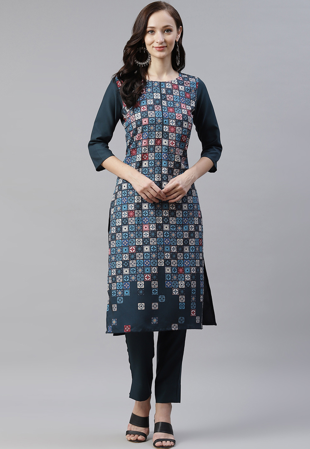 Teal Rayon Printed Kurti 244572