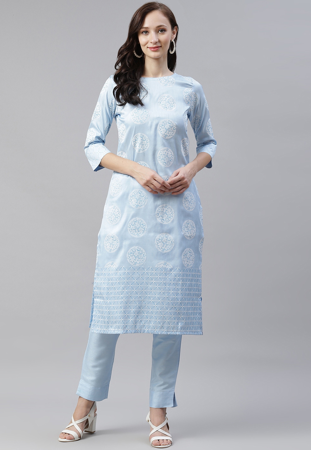 Sky Blue Poly Silk Printed Kurti 244584