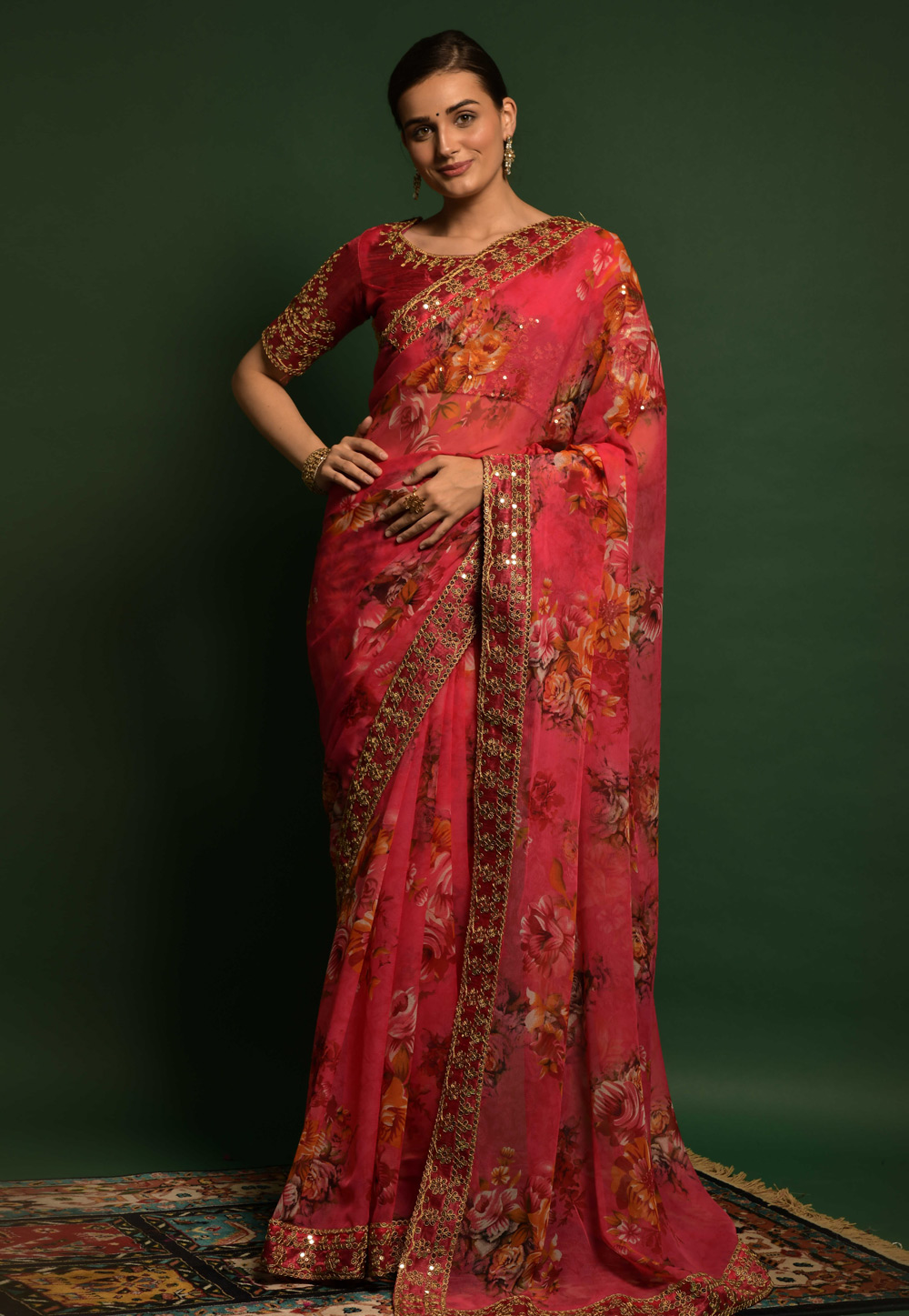 Pink Georgette Floral Print Saree 246952