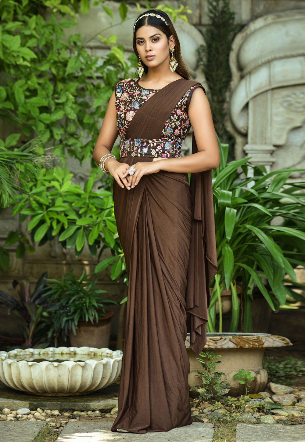 Brown Lycra Plain Saree With Designer Blouse 252325