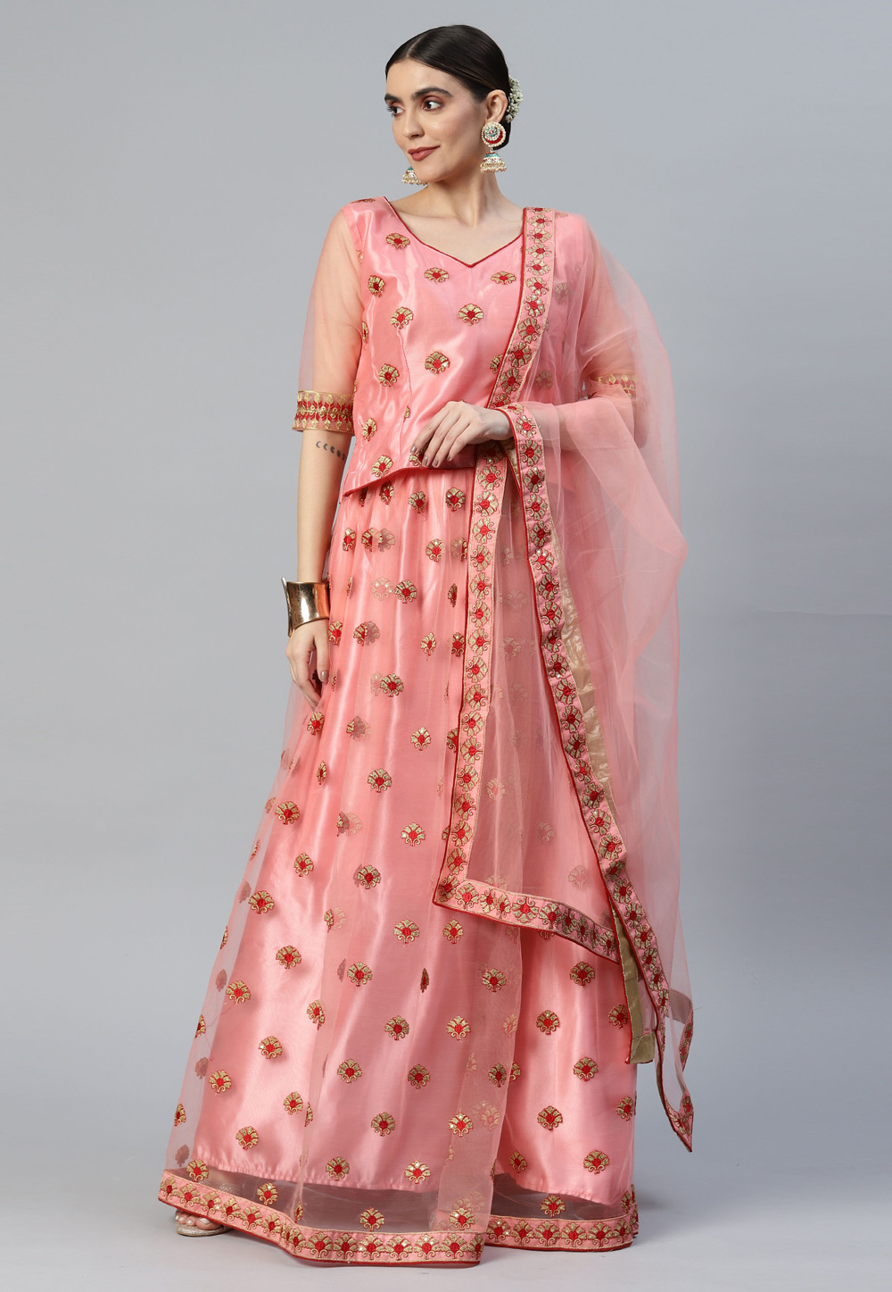Pink Net A Line Lehenga Choli 260813