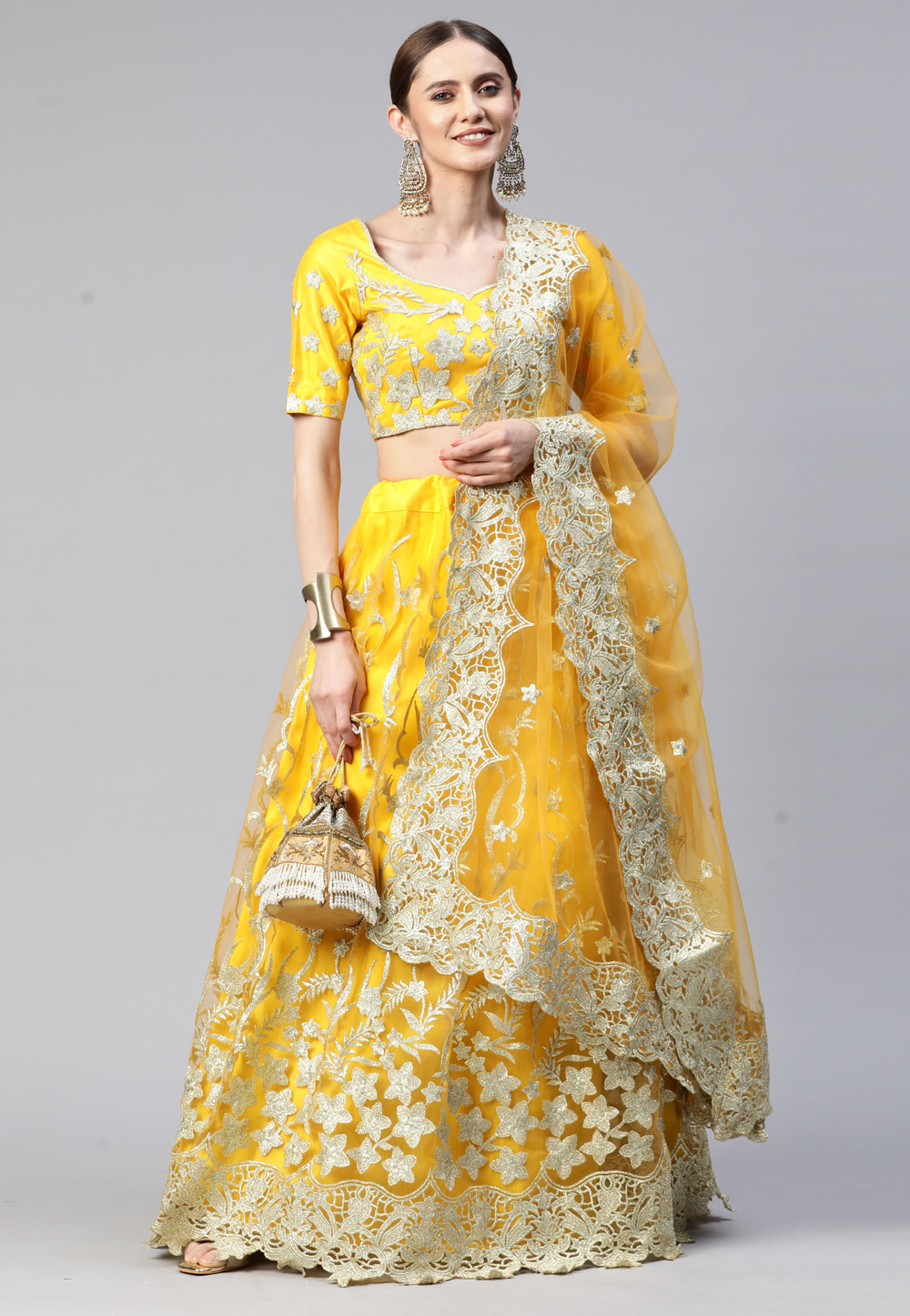 Yellow Net A Line Lehenga Choli 260814