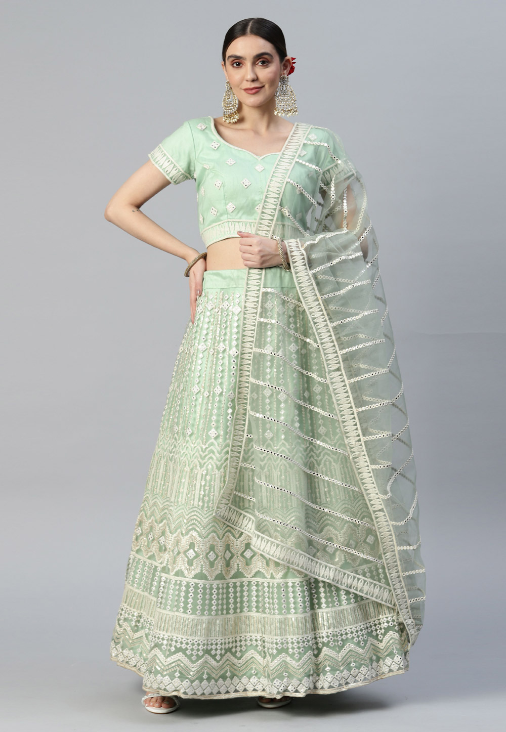 Sea Green Net A Line Lehenga Choli 260818
