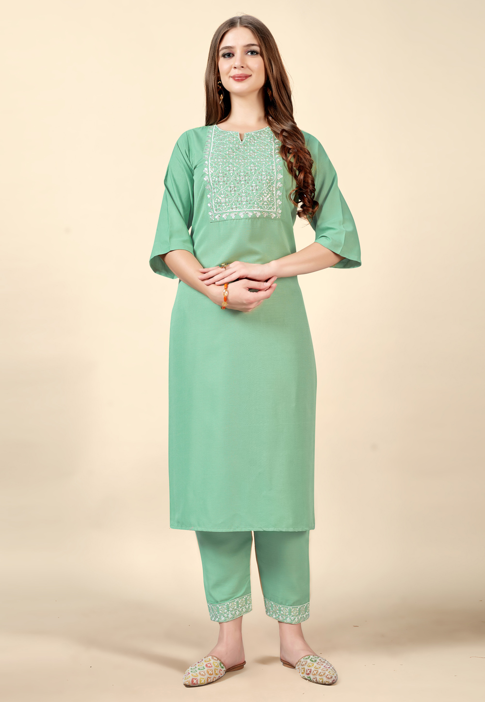 Pista Green Cotton Rayon Kurta Set With Pant 262218