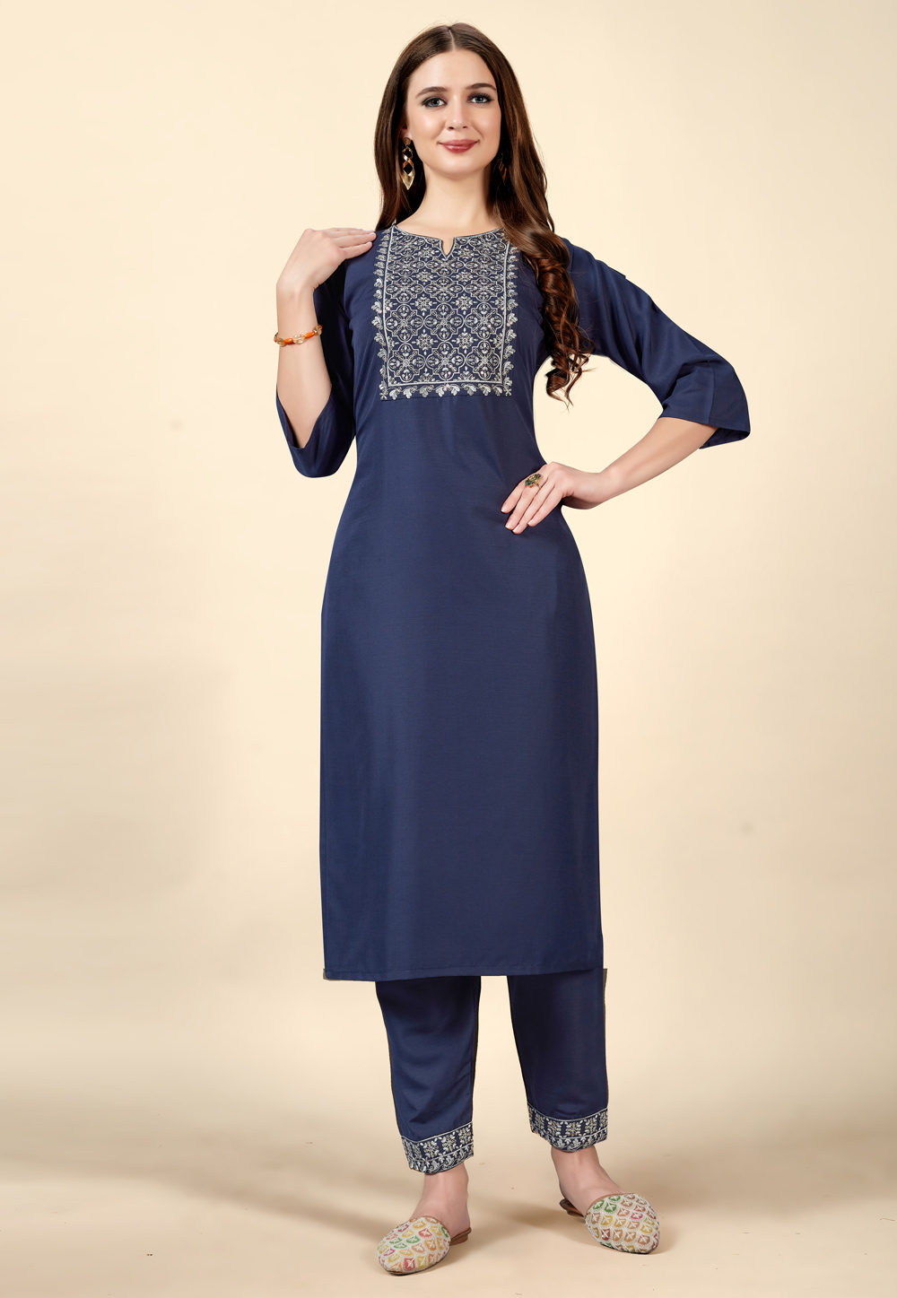 Navy Blue Cotton Rayon Kurta Set With Pant 262220