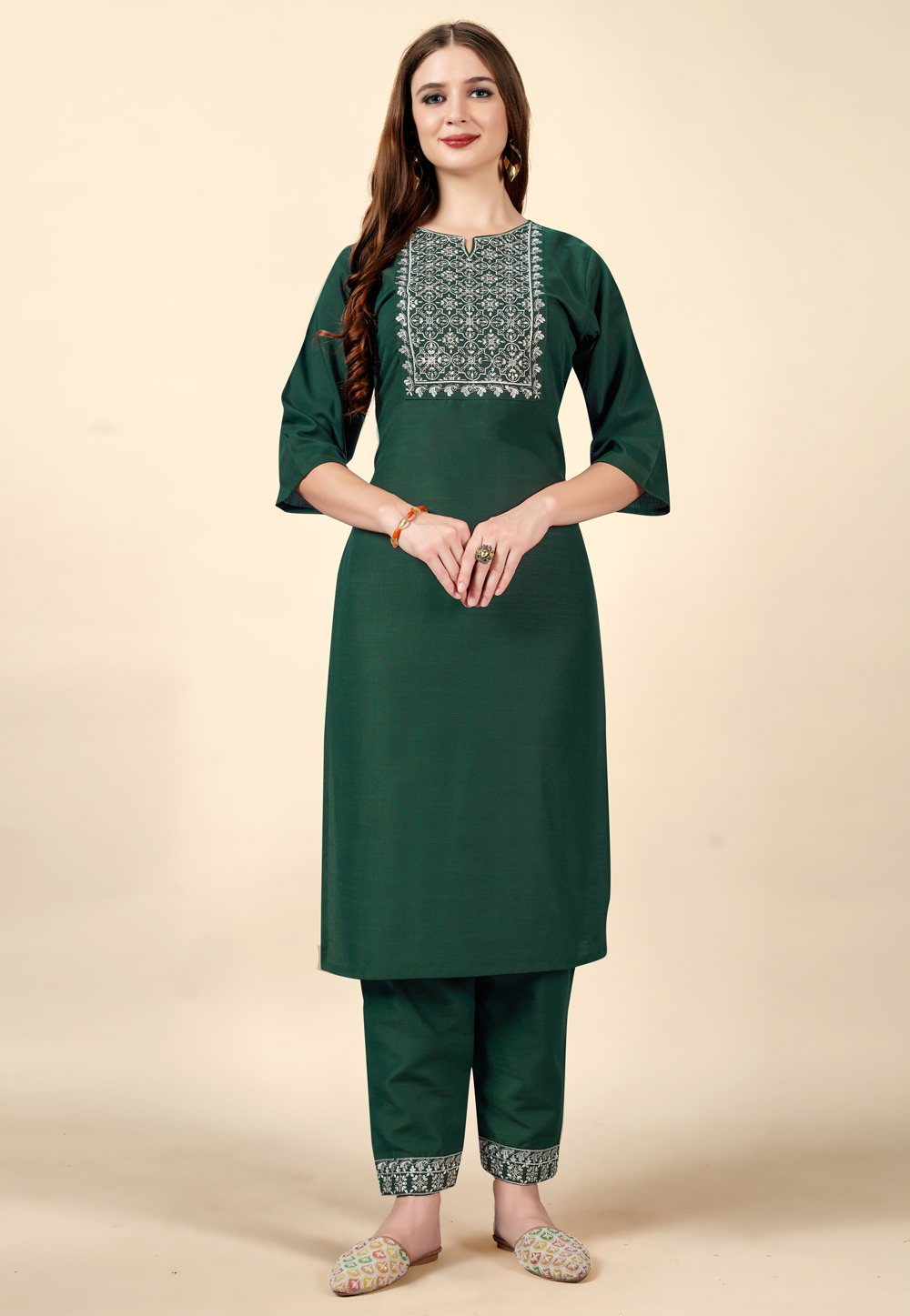 Green Cotton Rayon Kurta Set With Pant 262221