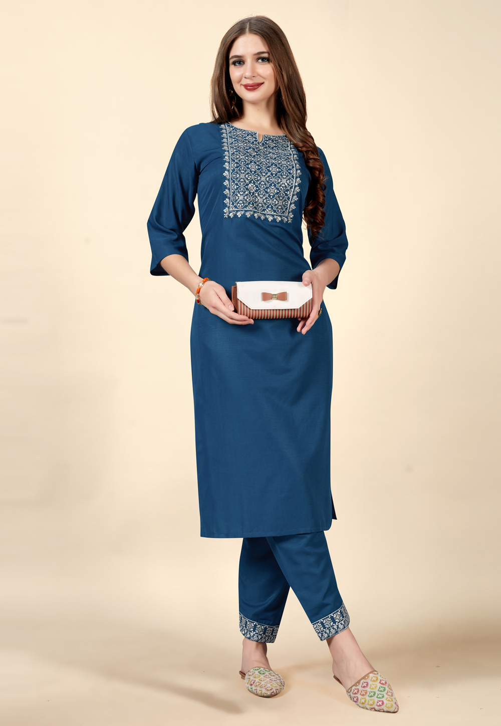 Teal Cotton Rayon Kurta Set With Pant 262222