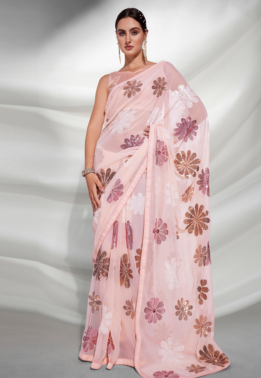 Cream Georgette Sequence Saree 262537