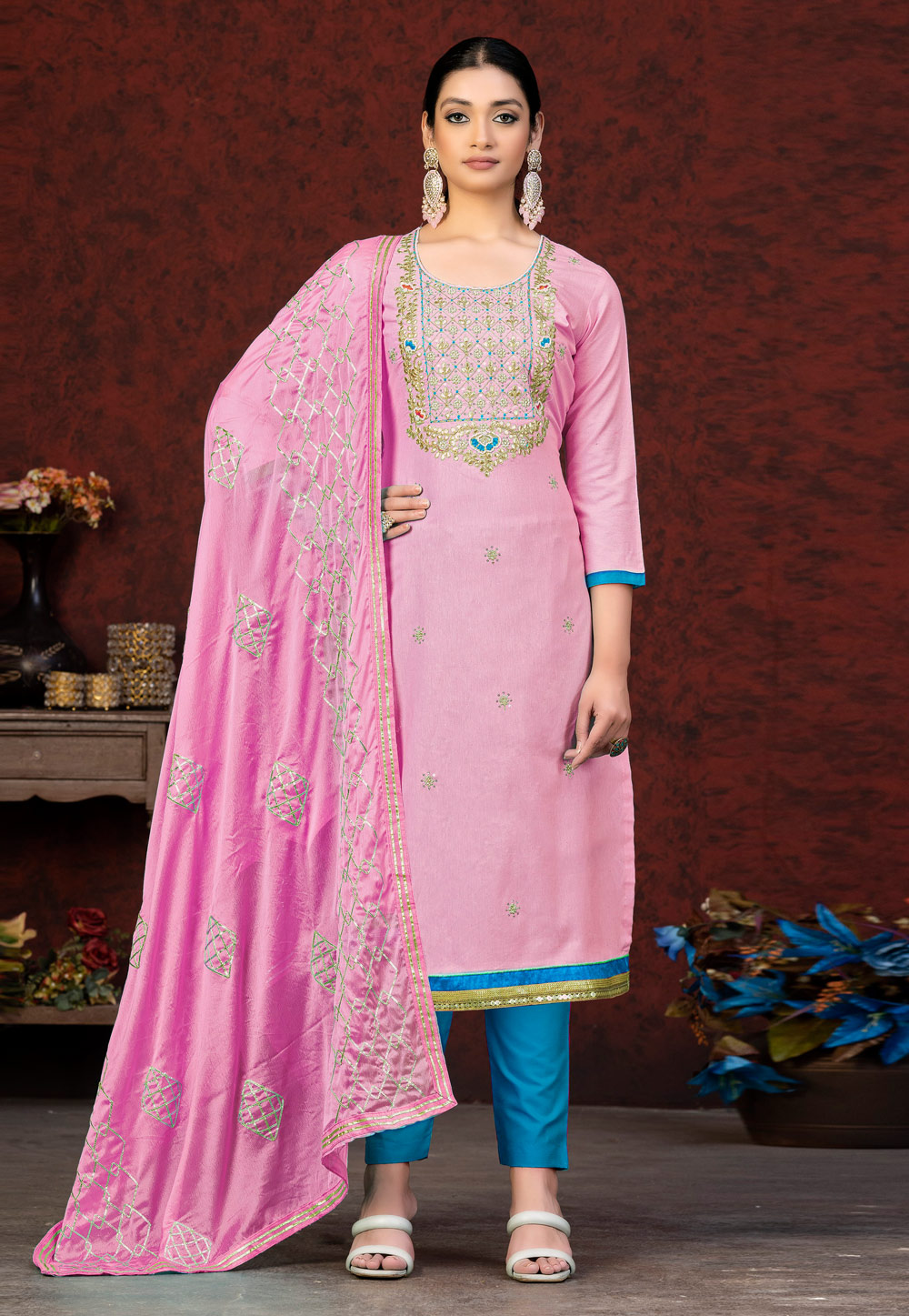 Pink Cotton Pant Style Suit 263515