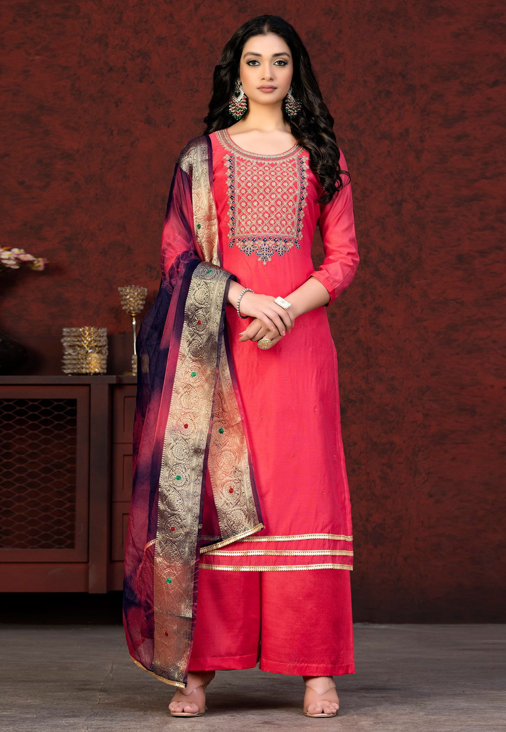 Pink Chanderi Palazzo Suit 263563