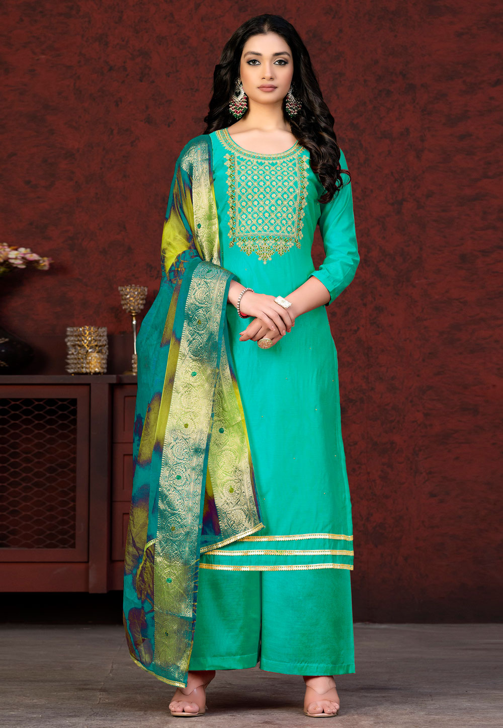 Sea Green Chanderi Pakistani Suit 263564