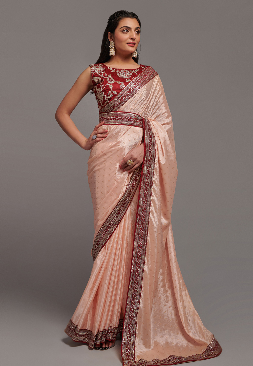 Peach Chinon Saree With Blouse 266978