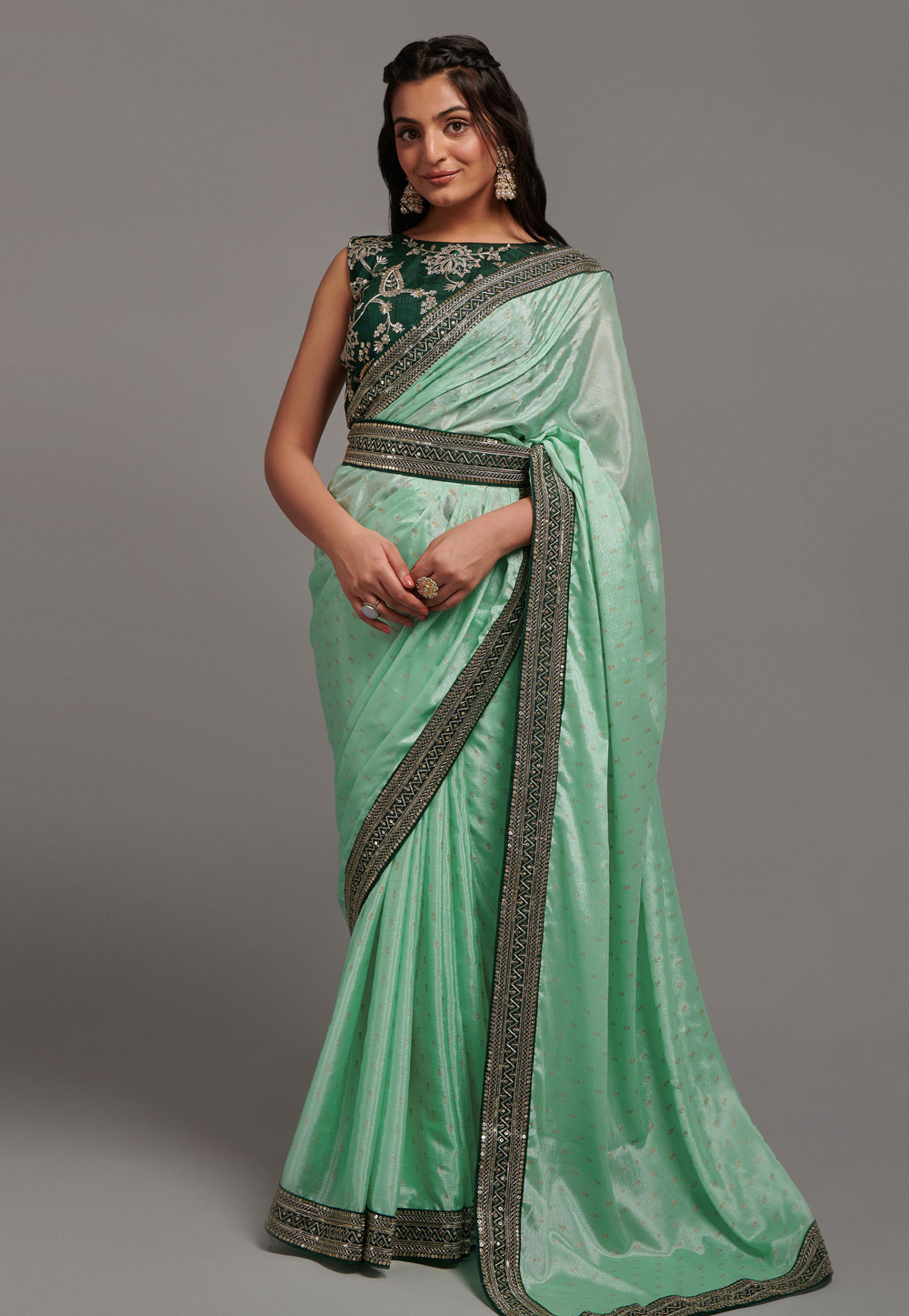 Sea Green Chinon Saree With Blouse 266979