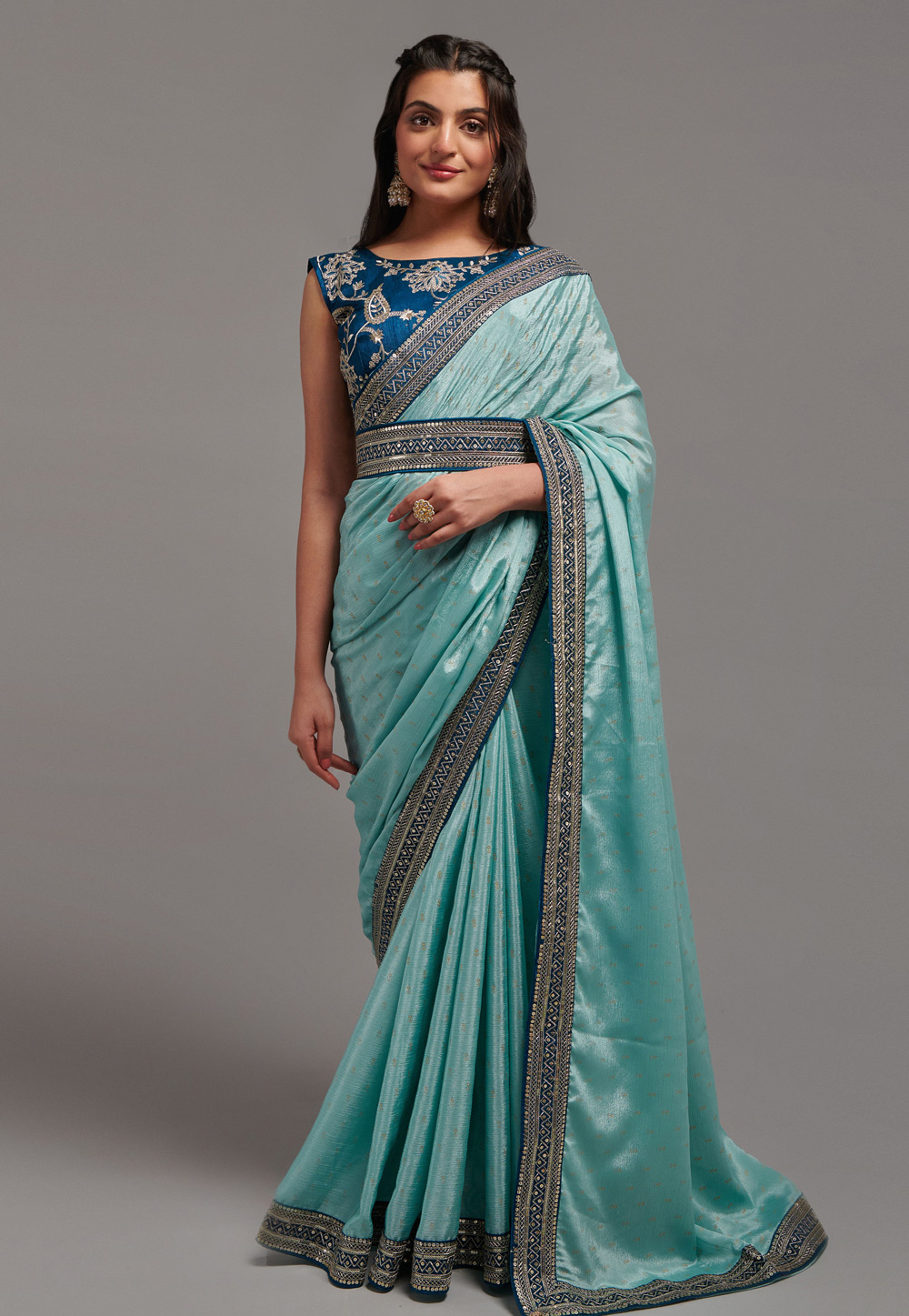 Sky Blue Chinon Saree With Blouse 266980