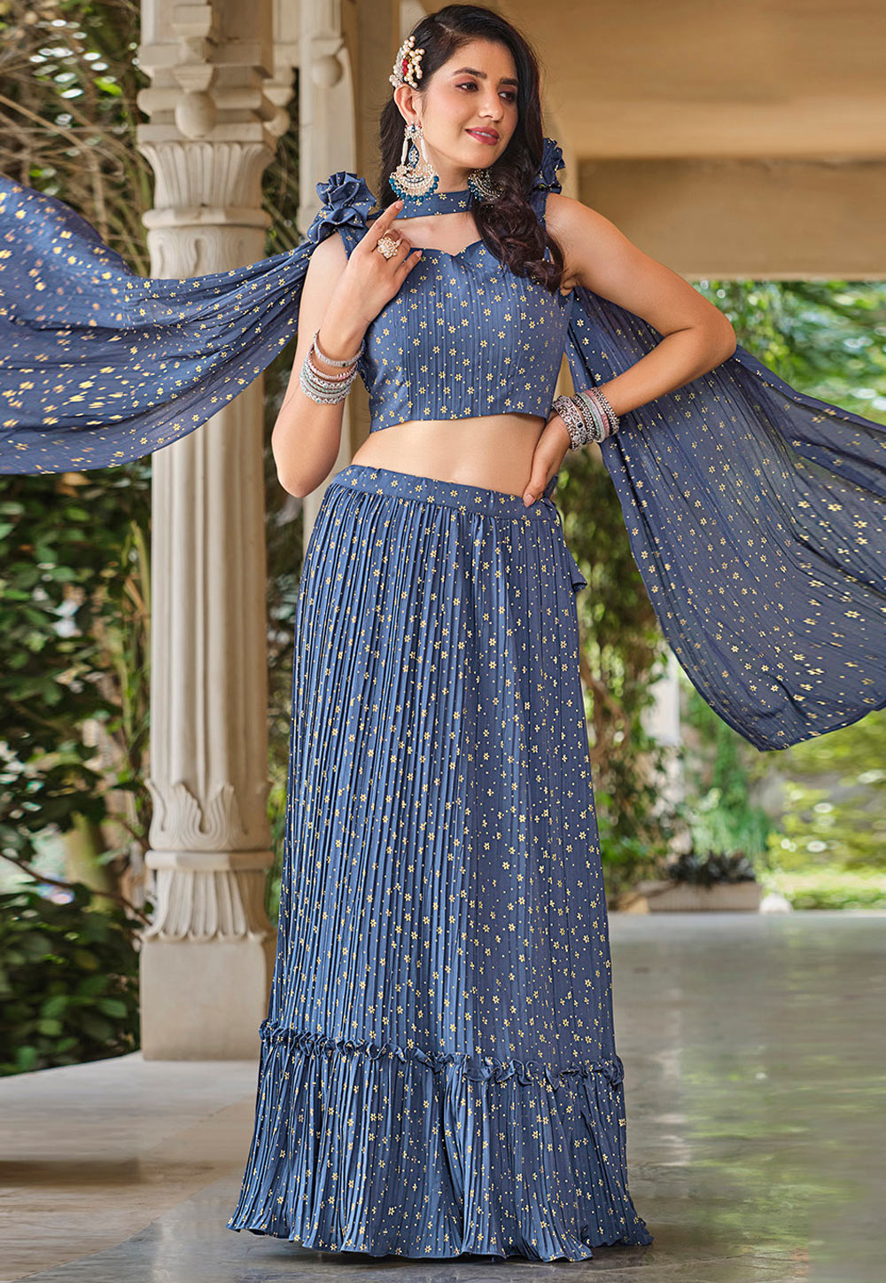Light Blue Georgette Readymade A Line Lehenga Choli 266982