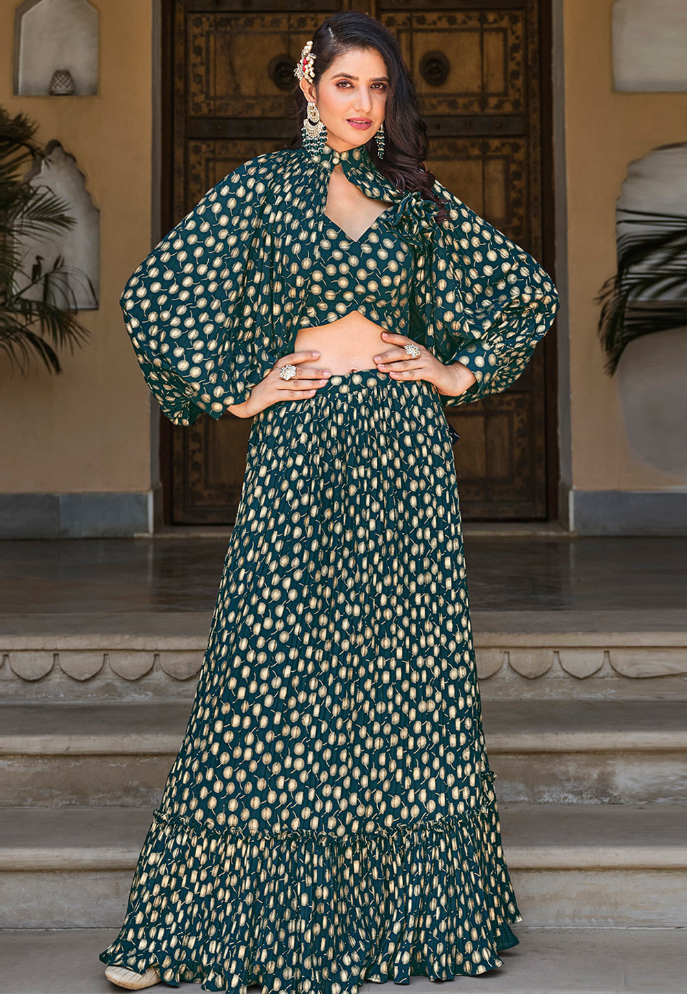Green Georgette Readymade Indo Western Lehenga Choli 266984