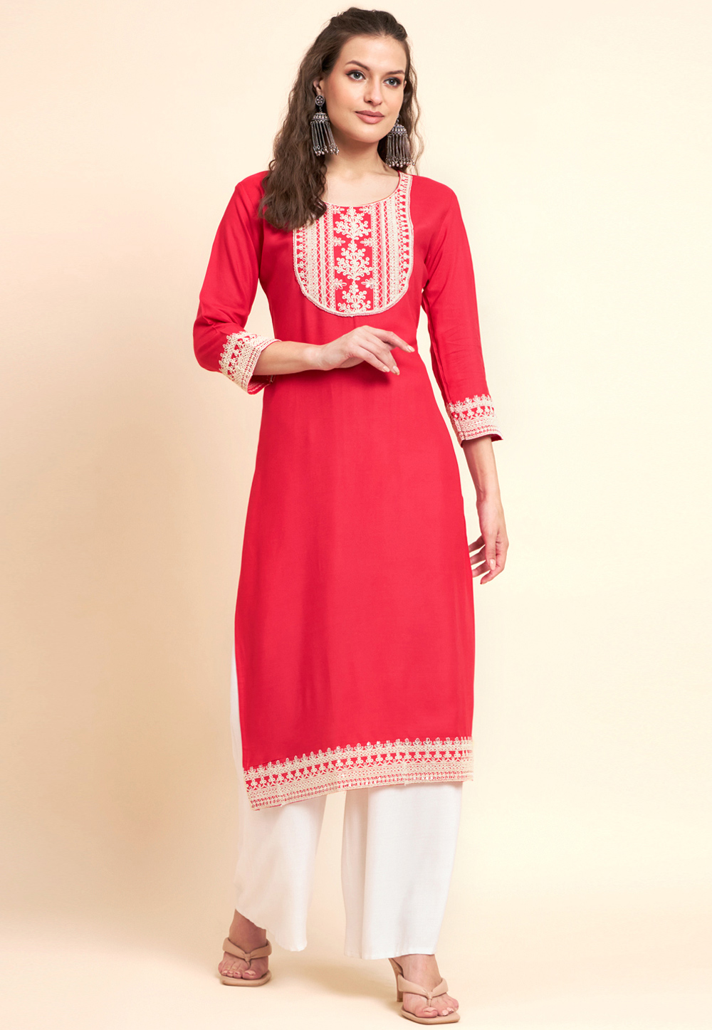 Red Rayon Long Kurti 267098