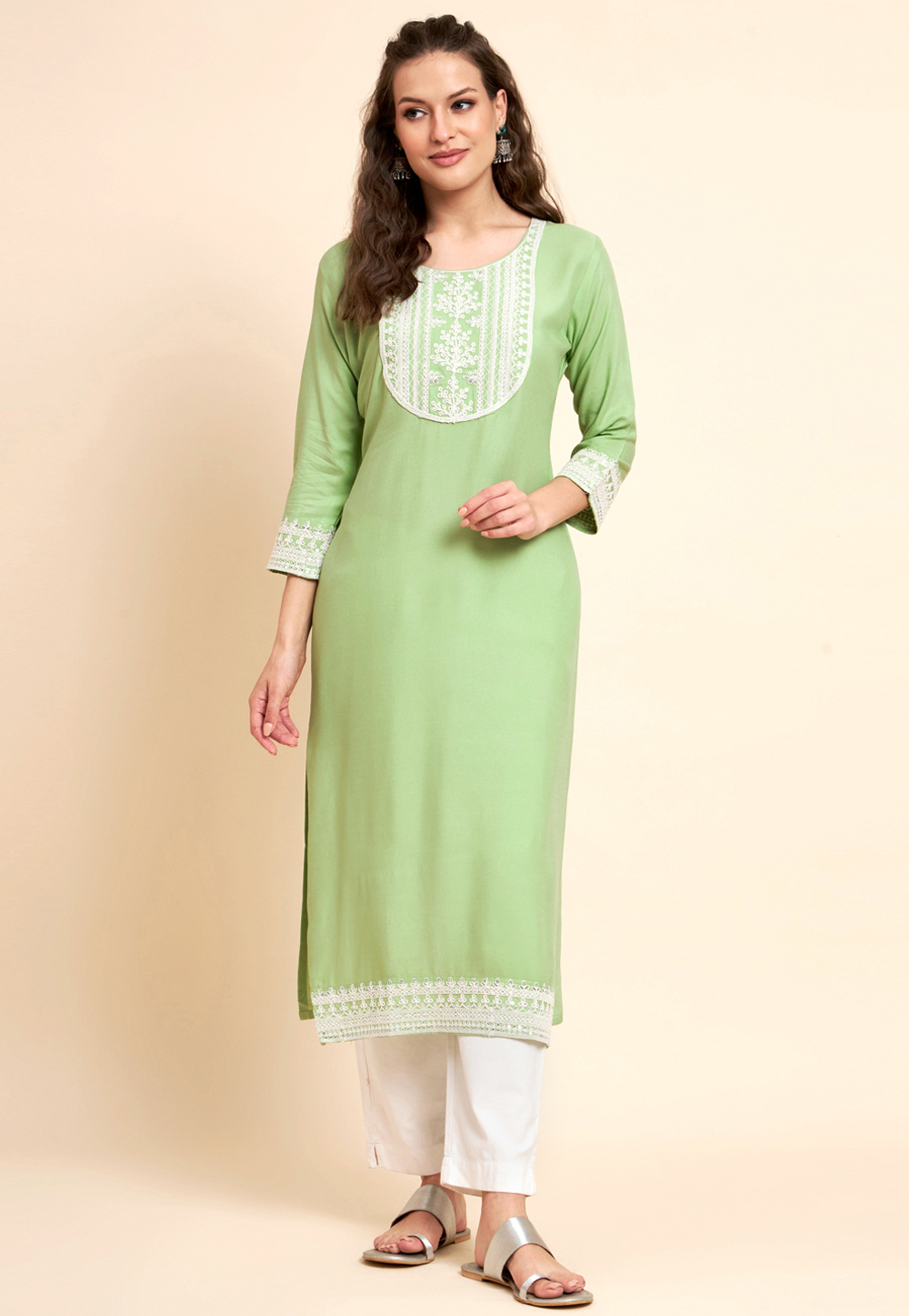 Pista Green Rayon Long Kurti 267100