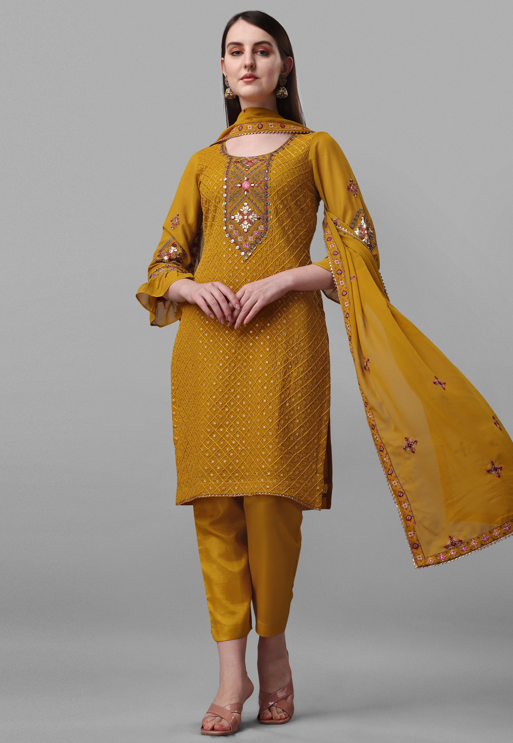 Mustard Faux Georgette Pant Style Suit 267171