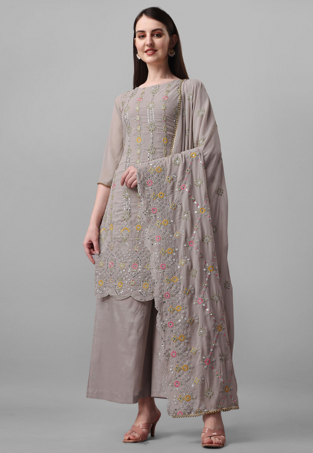 Grey Faux Georgette Pakistani Suit 267163