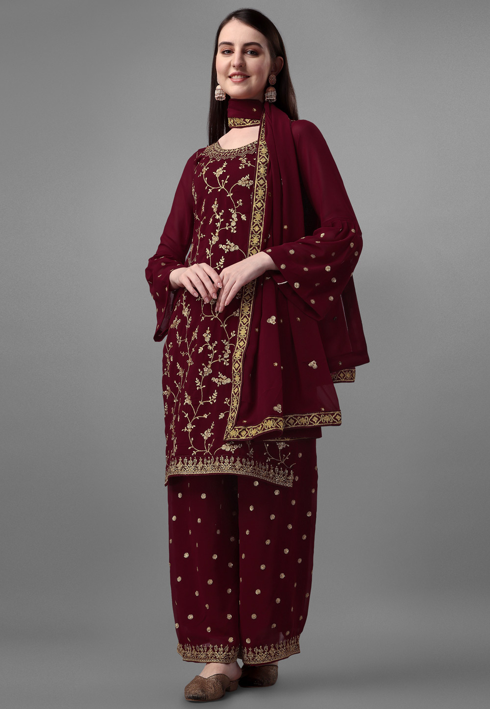 Maroon Faux Georgette Palazzo Suit 267167